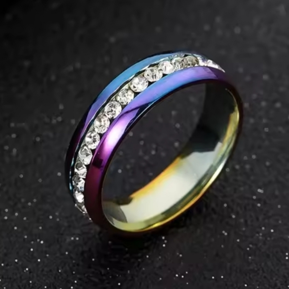 Elegant Unisex Rainbow Stainless Steel Crystal Band Ring Sz 9